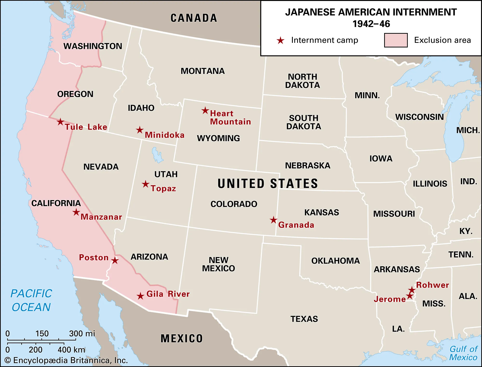 Map of Japanese American Internment Camps 1942-46